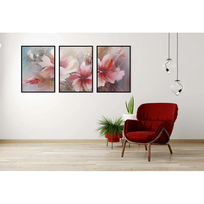 3lü Pembe Soyut Çerçeveli Tablo Life , Ev Dekoru , Soyut Tablo , Ahşap Tablo