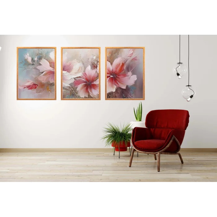 3lü Pembe Soyut Çerçeveli Tablo Life , Ev Dekoru , Soyut Tablo , Ahşap Tablo