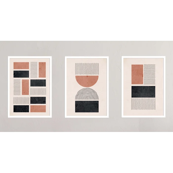 3lü Pudra Siyah Çizgiler Çerçeveli Ahşap Tablo , Ev Dekoru , Soyut Tablo , Ahşap Tablo
