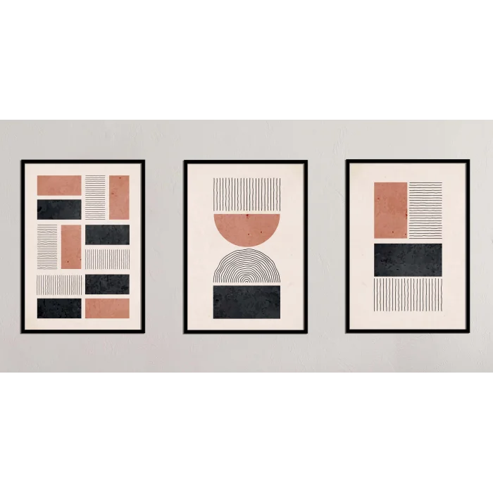 3lü Pudra Siyah Çizgiler Çerçeveli Ahşap Tablo , Ev Dekoru , Soyut Tablo , Ahşap Tablo