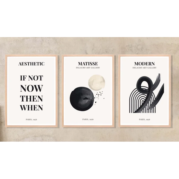 3lü Siyah Matisse Doğal Ahşap Çerçeveli Tablo , Ev Dekoru , Soyut Tablo