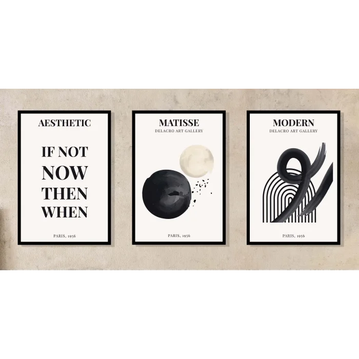 3lü Siyah Matisse Doğal Ahşap Çerçeveli Tablo , Ev Dekoru , Soyut Tablo