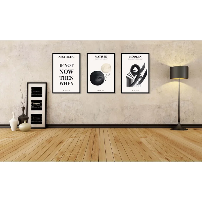 3lü Siyah Matisse Doğal Ahşap Çerçeveli Tablo , Ev Dekoru , Soyut Tablo