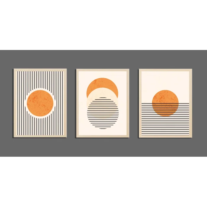 3lü Turuncu Güneş ve Çizgiler Çerçeveli Ahşap Tablo , Ev Dekoru , Soyut Tablo , Ahşap Tablo