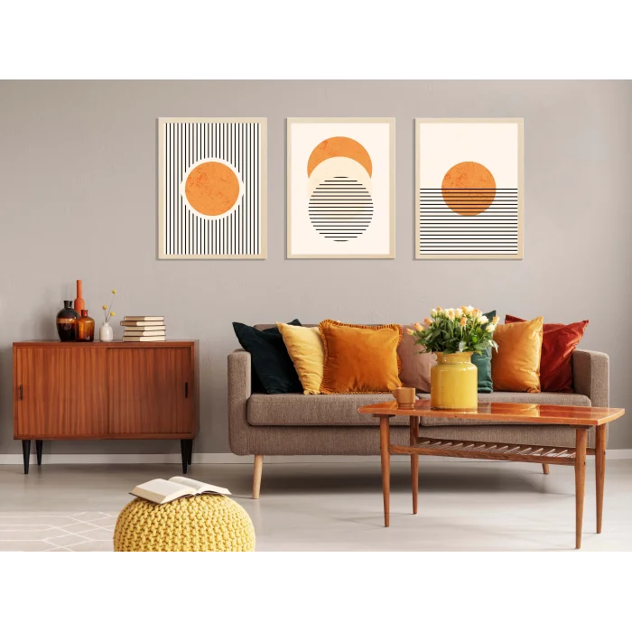 3lü Turuncu Güneş ve Çizgiler Çerçeveli Ahşap Tablo , Ev Dekoru , Soyut Tablo , Ahşap Tablo