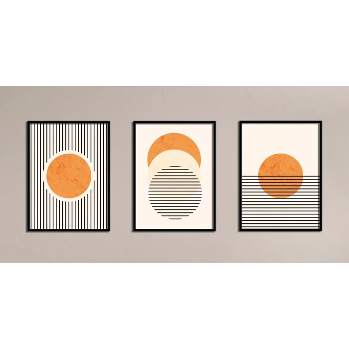 3lü Turuncu Güneş ve Çizgiler Çerçeveli Ahşap Tablo , Ev Dekoru , Soyut Tablo , Ahşap Tablo