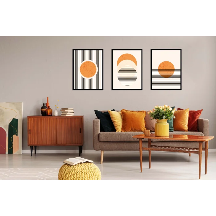 3lü Turuncu Güneş ve Çizgiler Çerçeveli Ahşap Tablo , Ev Dekoru , Soyut Tablo , Ahşap Tablo