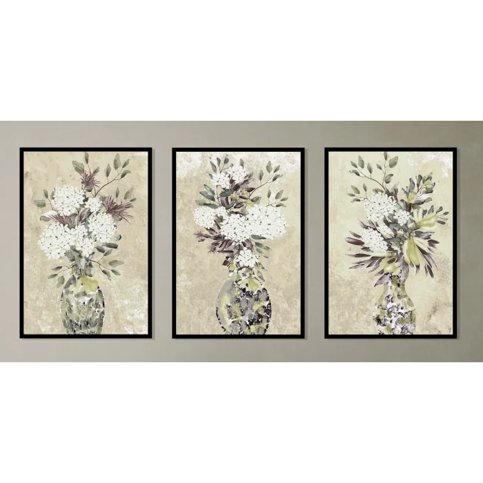 3lü Vazoda Çiçek Çerçeveli Tablo , Ev Dekoru , Soyut Tablo , Ahşap Tablo