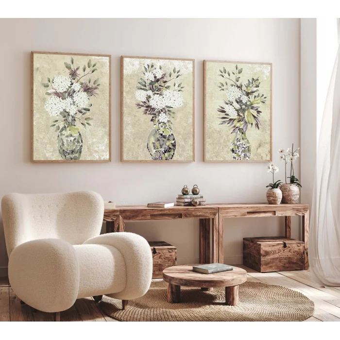 3lü Vazoda Çiçek Çerçeveli Tablo , Ev Dekoru , Soyut Tablo , Ahşap Tablo