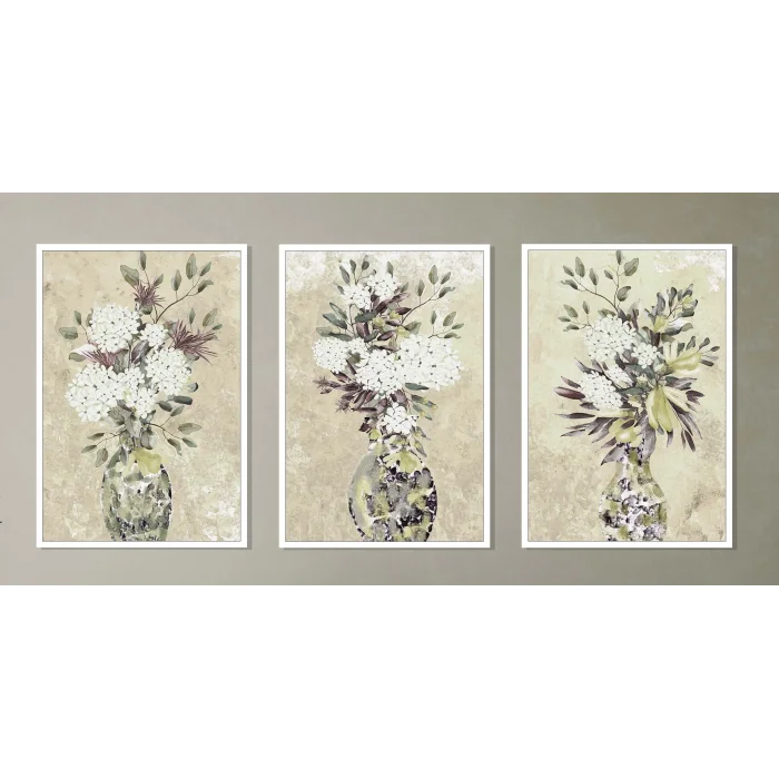 3lü Vazoda Çiçek Çerçeveli Tablo , Ev Dekoru , Soyut Tablo , Ahşap Tablo