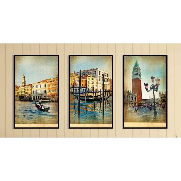3lü Venedik Çerçeveli Tablo Life , Ev Dekoru , Soyut Tablo , Ahşap Tablo