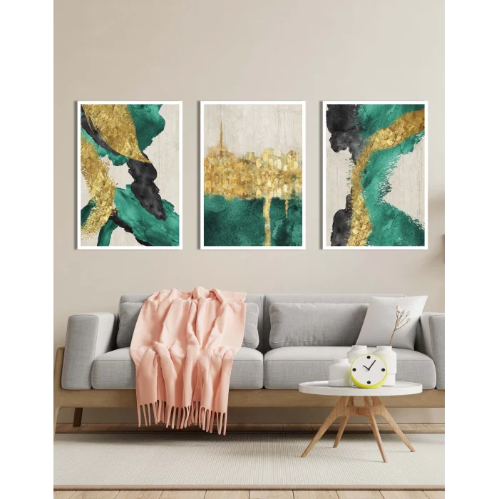 3lü Yeşil Dekoratif Çerçeveli Tablo Life , Ev Dekoru , Soyut Tablo , Ahşap Tablo