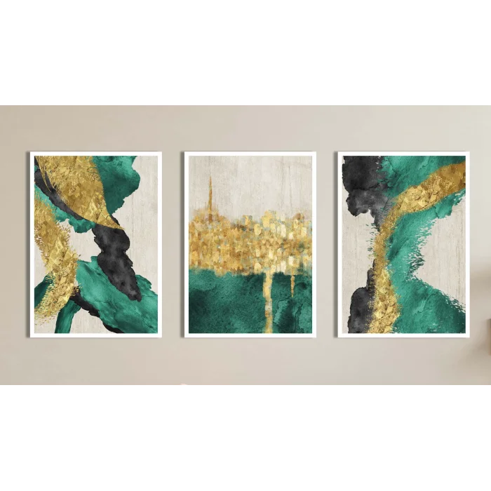 3lü Yeşil Dekoratif Çerçeveli Tablo Life , Ev Dekoru , Soyut Tablo , Ahşap Tablo
