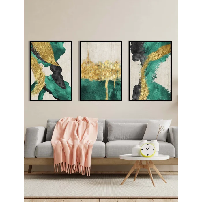 3lü Yeşil Dekoratif Çerçeveli Tablo Life , Ev Dekoru , Soyut Tablo , Ahşap Tablo