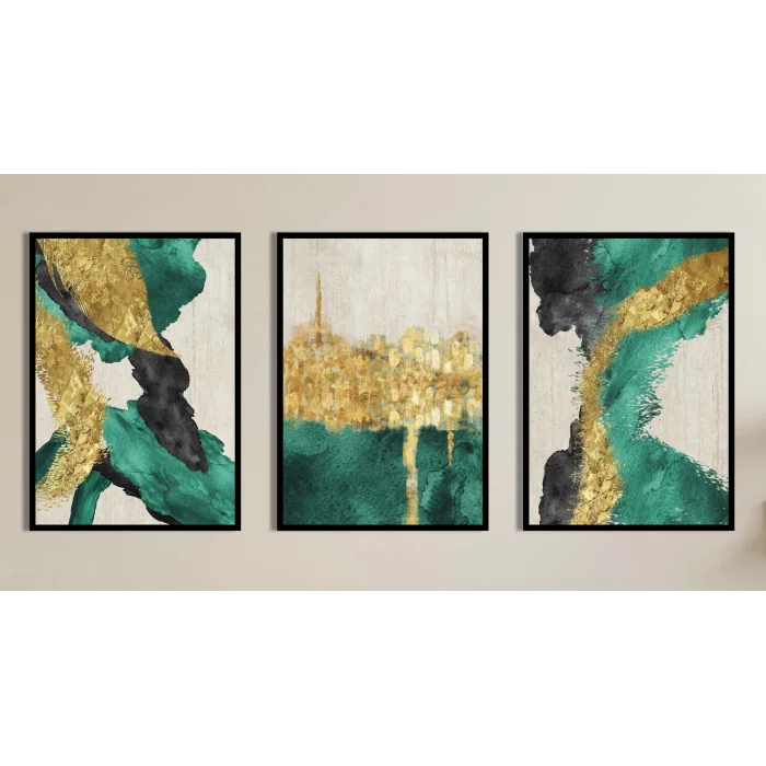 3lü Yeşil Dekoratif Çerçeveli Tablo Life , Ev Dekoru , Soyut Tablo , Ahşap Tablo
