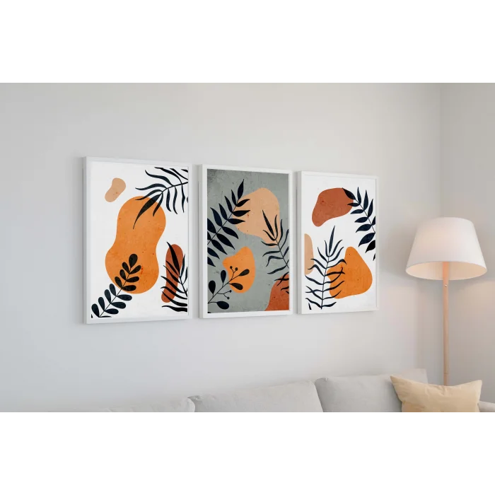 3 Parça Boho Çerçeveli Ahşap Tablo Seti, Ev Dekoru, Soyut Tablo