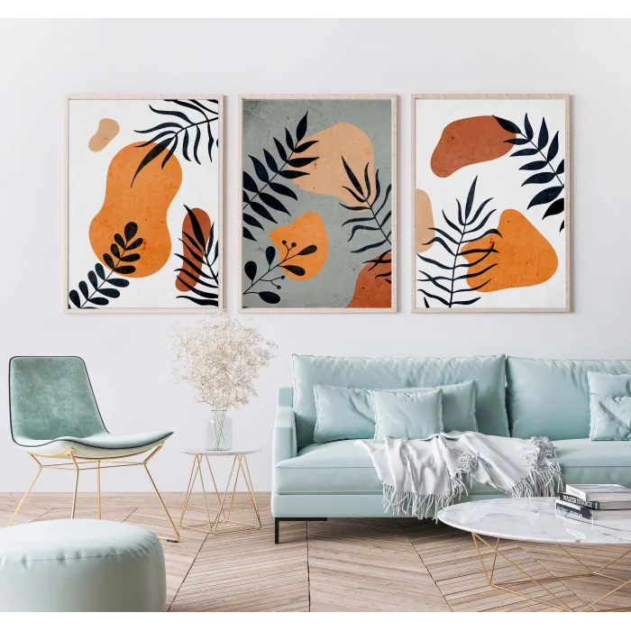 3 Parça Boho Çerçeveli Ahşap Tablo Seti, Ev Dekoru, Soyut Tablo