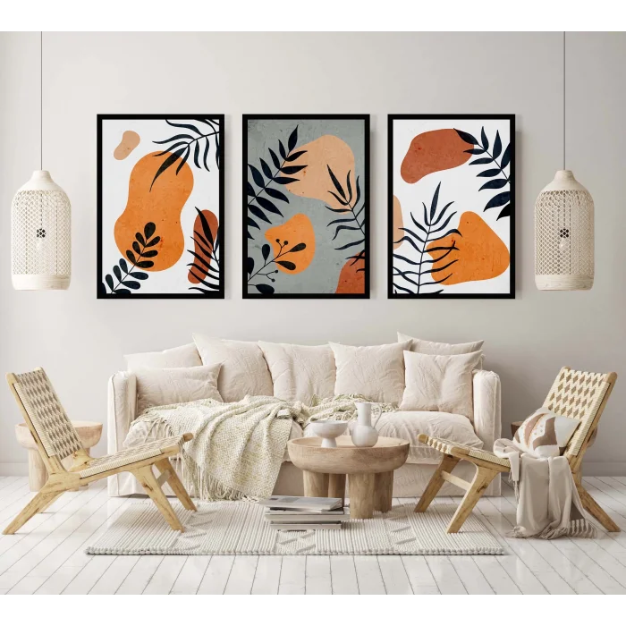 3 Parça Boho Çerçeveli Ahşap Tablo Seti, Ev Dekoru, Soyut Tablo