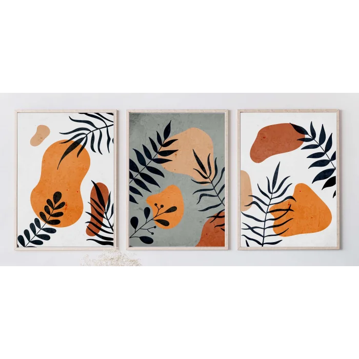 3 Parça Boho Çerçeveli Ahşap Tablo Seti, Ev Dekoru, Soyut Tablo