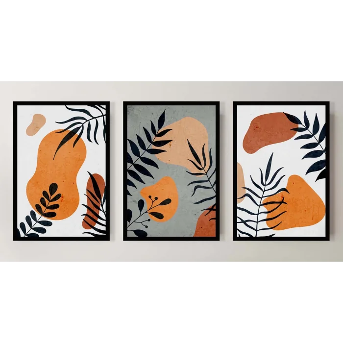 3 Parça Boho Çerçeveli Ahşap Tablo Seti, Ev Dekoru, Soyut Tablo