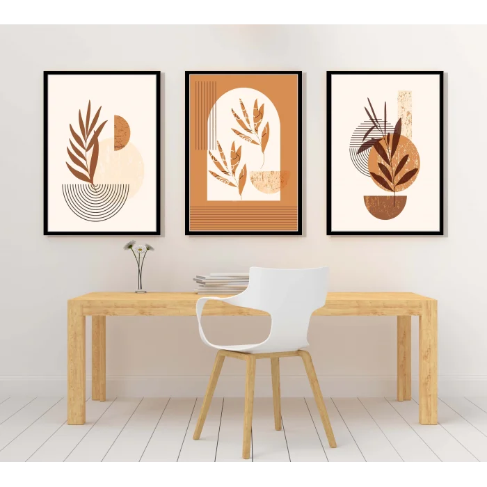 3 Parça Boho Çiçekler, Çerçeveli Ahşap Tablo Seti, Ev Dekoru