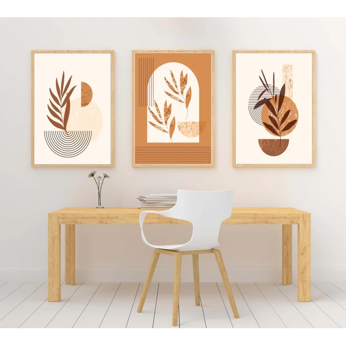 3 Parça Boho Çiçekler, Çerçeveli Ahşap Tablo Seti, Ev Dekoru