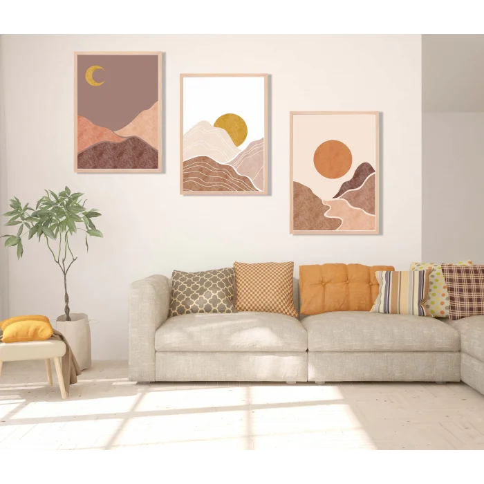 3 Parça Boho Güneş Ve Ay, Çerçeveli Ahşap Tablo Seti, Ev Dekoru