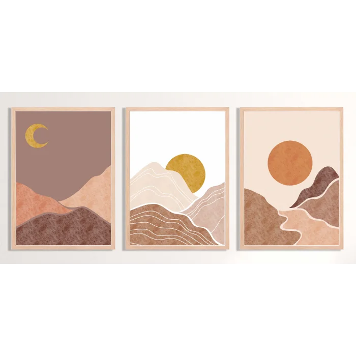 3 Parça Boho Güneş Ve Ay, Çerçeveli Ahşap Tablo Seti, Ev Dekoru