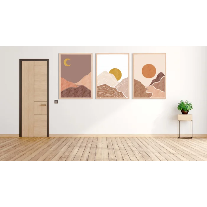 3 Parça Boho Güneş Ve Ay, Çerçeveli Ahşap Tablo Seti, Ev Dekoru