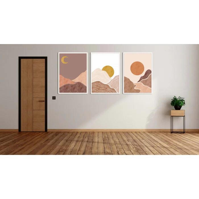 3 Parça Boho Güneş Ve Ay, Çerçeveli Ahşap Tablo Seti, Ev Dekoru