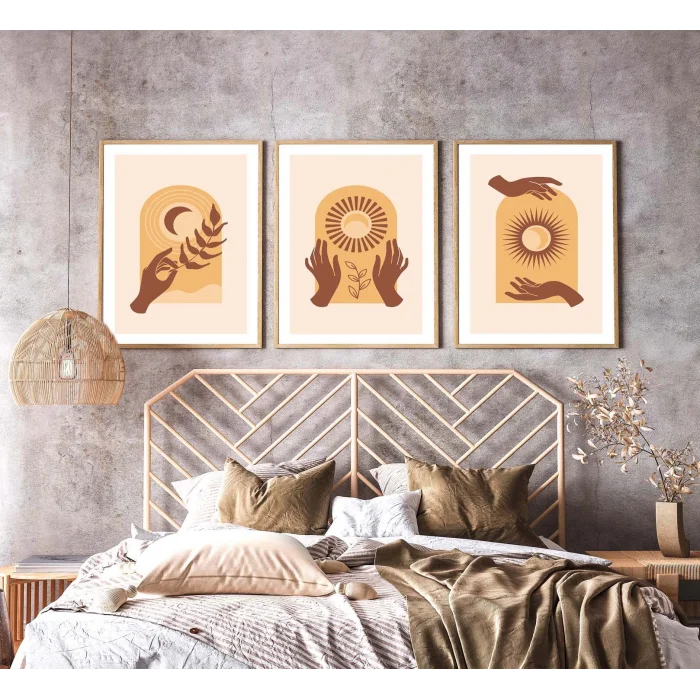 3 Parça Boho Style Çerçeveli Ahşap Tablo Seti, Ev Dekoru