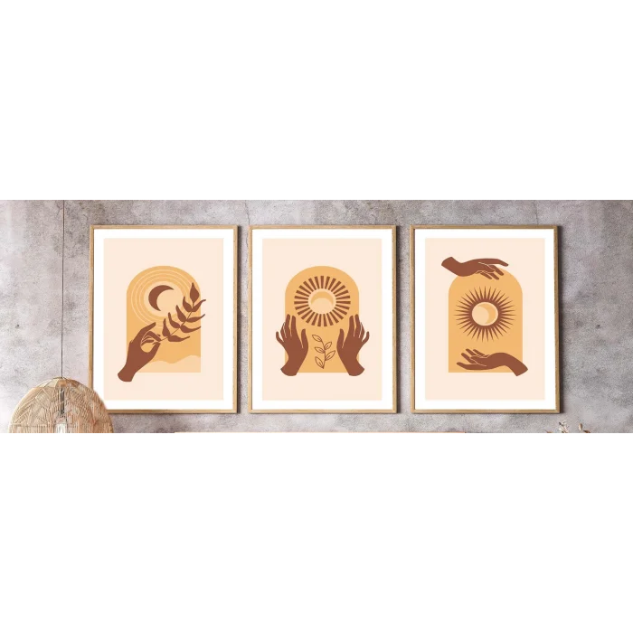 3 Parça Boho Style Çerçeveli Ahşap Tablo Seti, Ev Dekoru