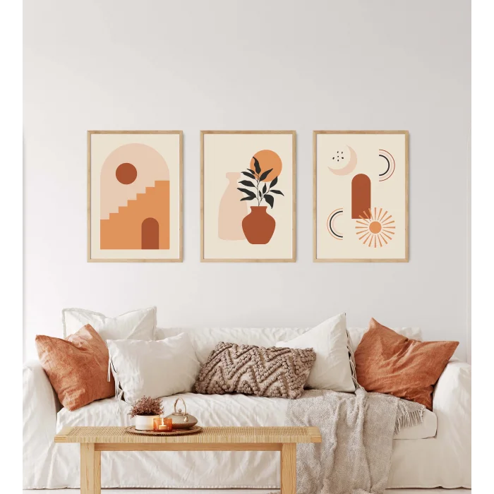 3 Parça Çerçeveli Bohem Ahşap Tablo Seti, Ev Dekoru