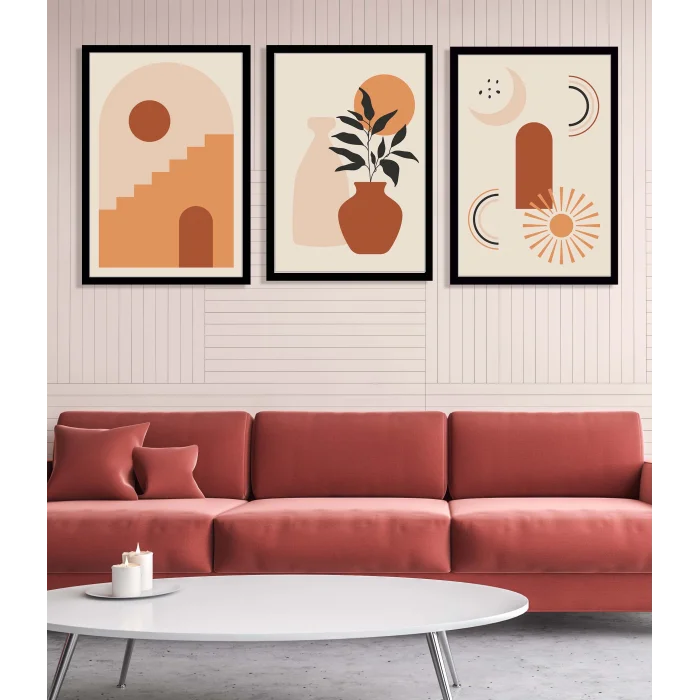 3 Parça Çerçeveli Bohem Ahşap Tablo Seti, Ev Dekoru