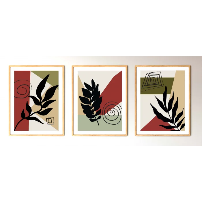3 Parça Çerçeveli Bohem Ahşap Tablo Seti, Soyut Tablo, Ev Dekoru