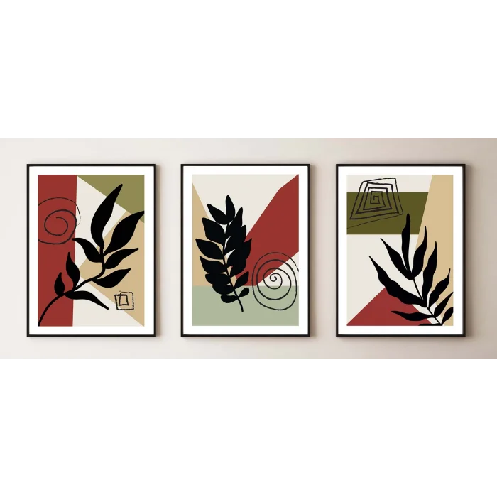 3 Parça Çerçeveli Bohem Ahşap Tablo Seti, Soyut Tablo, Ev Dekoru