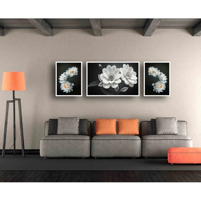 3 Parça Çerçeveli Dekoratif Beyaz Çiçekler Ahşap Tablo Seti