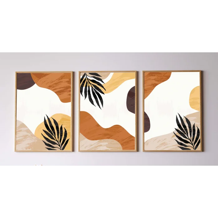 3 Parça Çerçeveli Dekoratif Boho Ahşap Tablo seti, Ev Dekoru, Soyut Tablo