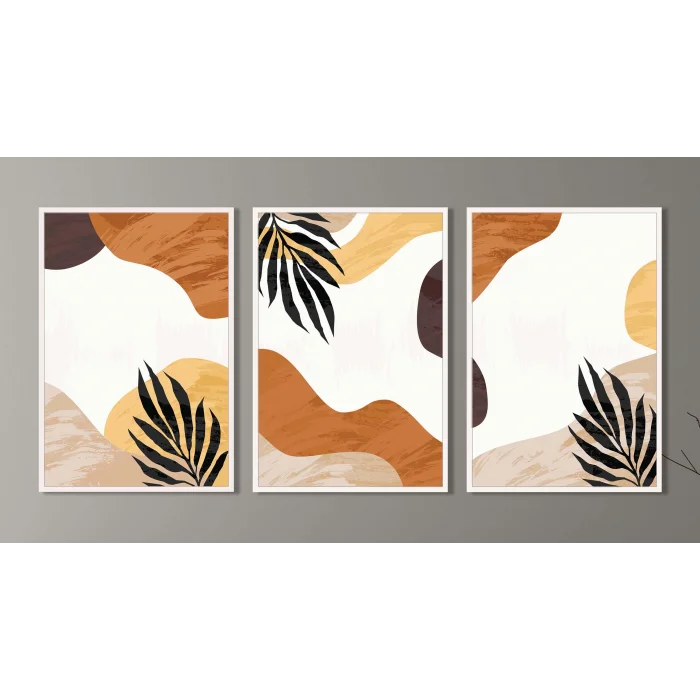 3 Parça Çerçeveli Dekoratif Boho Ahşap Tablo seti, Ev Dekoru, Soyut Tablo