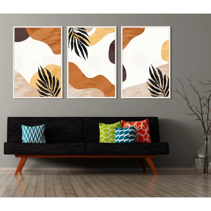 3 Parça Çerçeveli Dekoratif Boho Ahşap Tablo seti, Ev Dekoru, Soyut Tablo