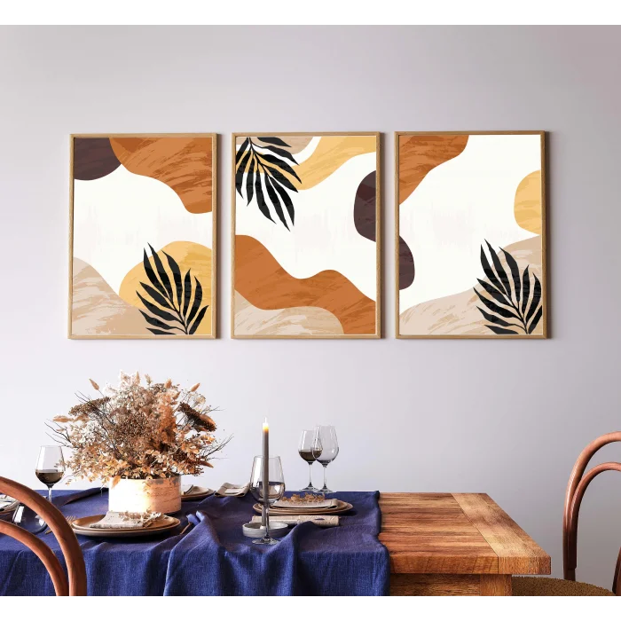 3 Parça Çerçeveli Dekoratif Boho Ahşap Tablo seti, Ev Dekoru, Soyut Tablo