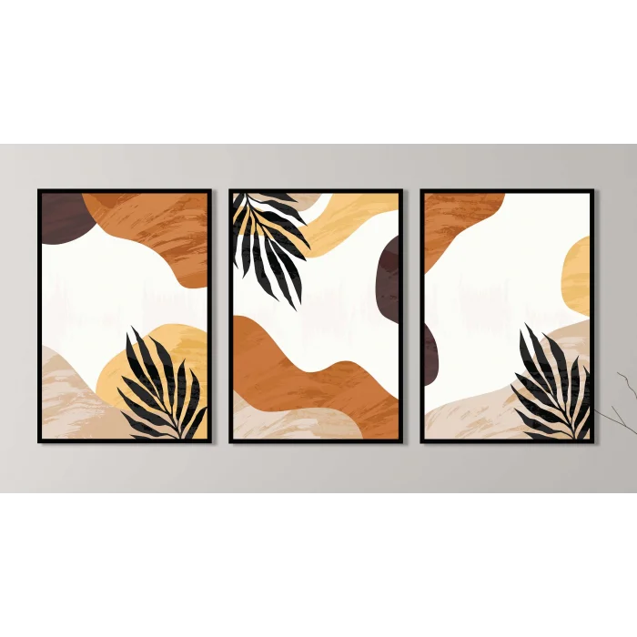 3 Parça Çerçeveli Dekoratif Boho Ahşap Tablo seti, Ev Dekoru, Soyut Tablo