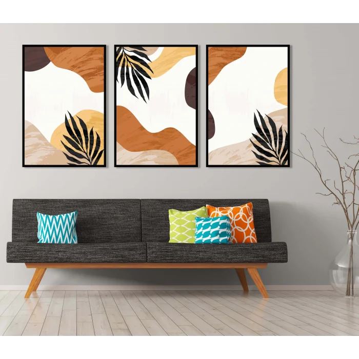 3 Parça Çerçeveli Dekoratif Boho Ahşap Tablo seti, Ev Dekoru, Soyut Tablo