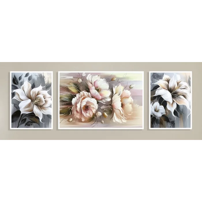 3 Parça Çerçeveli Dekoratif Çiçekler Ahşap Tablo seti, Ev Dekoru