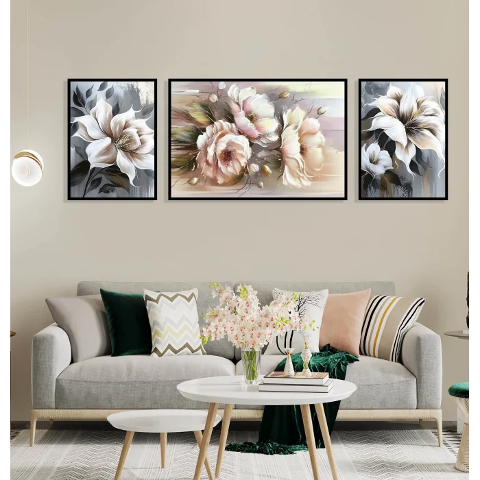 3 Parça Çerçeveli Dekoratif Çiçekler Ahşap Tablo seti, Ev Dekoru