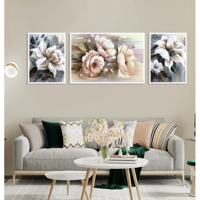 3 Parça Çerçeveli Dekoratif Çiçekler Ahşap Tablo seti, Ev Dekoru