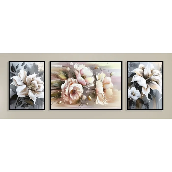 3 Parça Çerçeveli Dekoratif Çiçekler Ahşap Tablo seti, Ev Dekoru