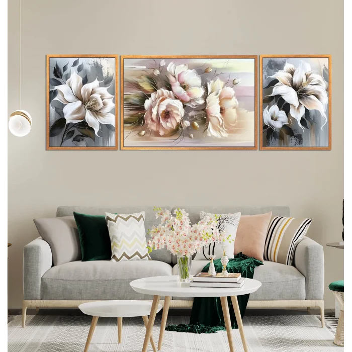 3 Parça Çerçeveli Dekoratif Çiçekler Ahşap Tablo seti, Ev Dekoru