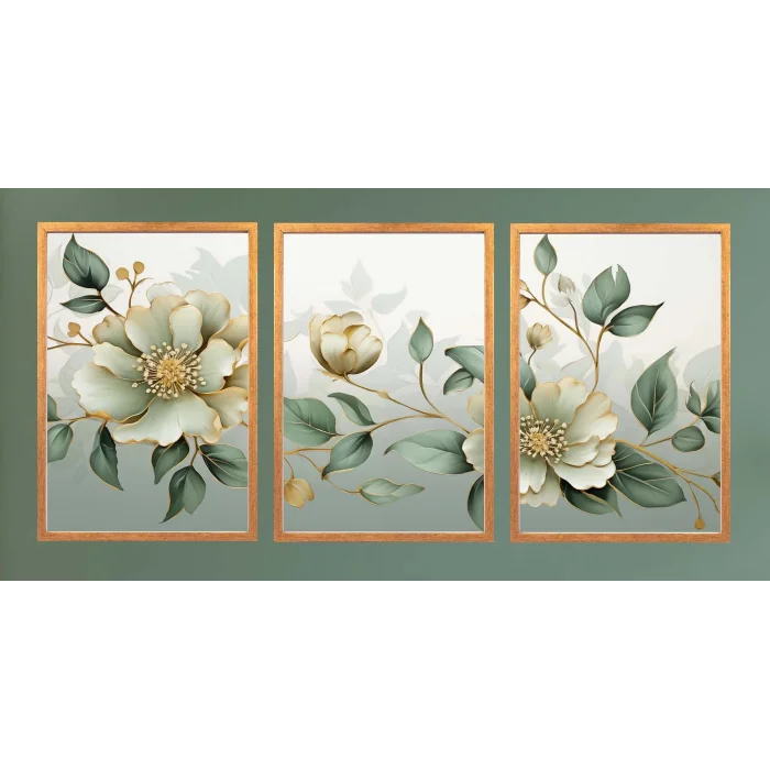 3 Parça Çerçeveli Dekoratif Çiçekler Ahşap Tablo seti, Ev Dekoru, Soyut Tablo