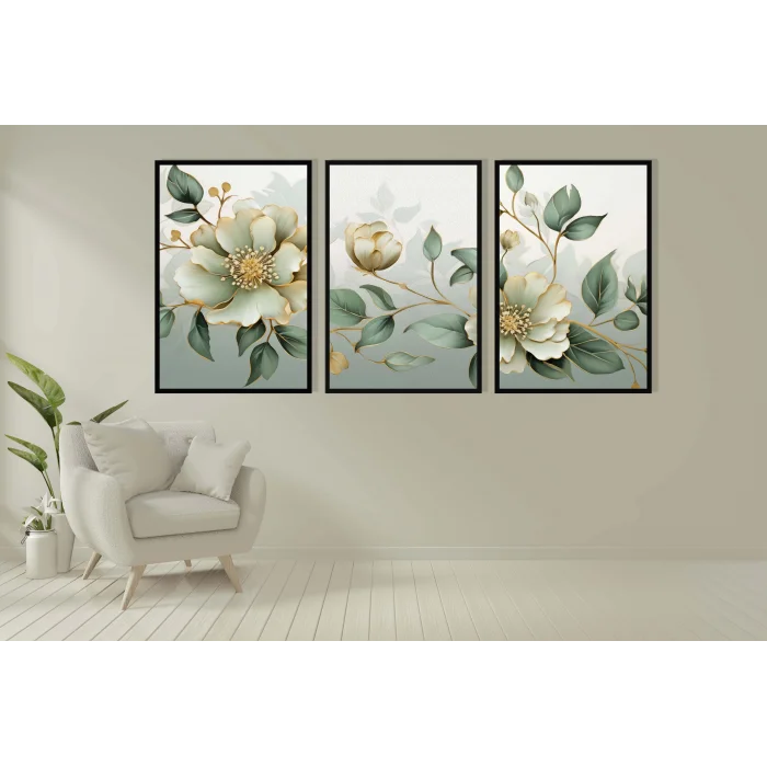 3 Parça Çerçeveli Dekoratif Çiçekler Ahşap Tablo seti, Ev Dekoru, Soyut Tablo